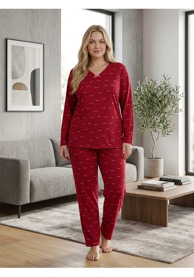 Büyük Beden Yumuşak Tuşeli Uzun Kol Likralı Pijama Takımı 8708 Bordo