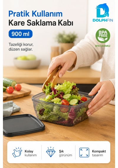 Kare Saklama Kabı 900 Ml Füme Şeffaf Siyah Kapaklı Buzdolabı Kabı Bpa İçermez