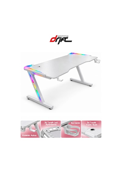 Aura White Rgb Led Li Beyaz Oyuncu Masası 160 70 Cm