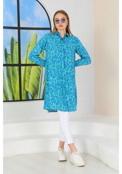 Polologin Butik Mavi-yeşil Etnik Desenli Uzun Tunik Gömlek - Bohem Stil Mavi