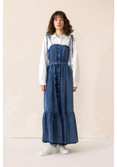 Olcay Gömlek Espirili Eteği Volanlı Denim Elbise Mavi 9305-e