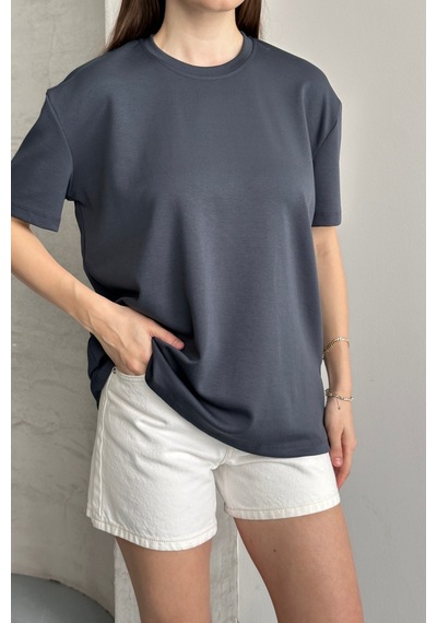 Balenbi Kadın Modal Bisiklet Yaka Basic Yarım Kollu T-shirt 1211 Füme
