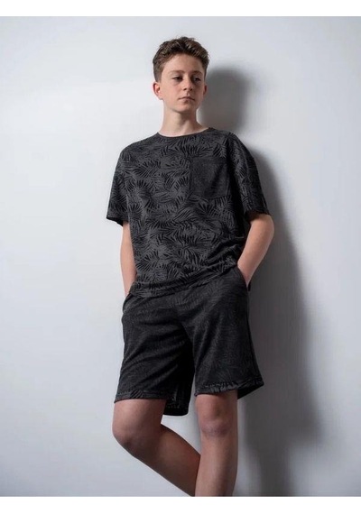 Erkek Çocuk Palmiye Desenli T-shirt Şortlu Takım-15796 Siyah