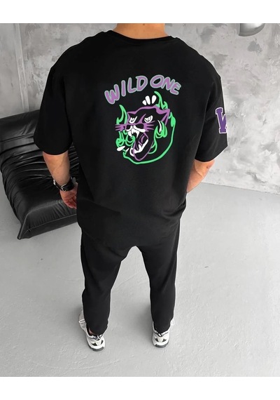 Erkek Kısa Kol Tişört Bisiklet Yaka W Wildone Baskılı T-shirt - Siyah