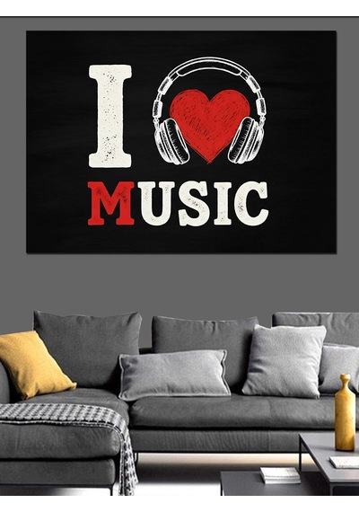 Ahşap Tablo I Love Music Kalp Kulaklık Dekoratif Tablolar