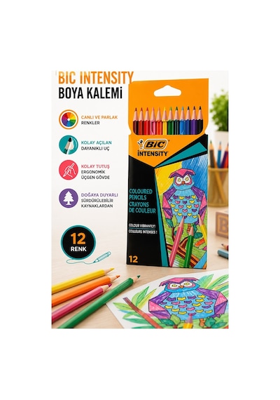 12 Li Kuru Boya Kalemi Karton Kutu 1 Paket Bic İntensity 12 Renk Kuruboya Tam Boy Canlı Renkli Boya Kalem Okul Öğrenci Çok Renkli