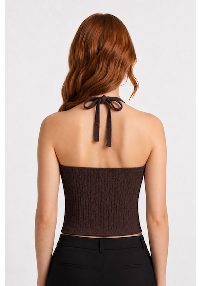 Cottonhıll Premium - Tide Collection Kahverengi Halter Yaka Boyundan Bağlamalı Bürümcük Dokulu Kadın Crop Bluz Cottonhıll Premium - Tide Collection Kahverengi Halter Yaka Boyundan Bağlamalı Bürümcük Dokulu Kadın Crop Bluz