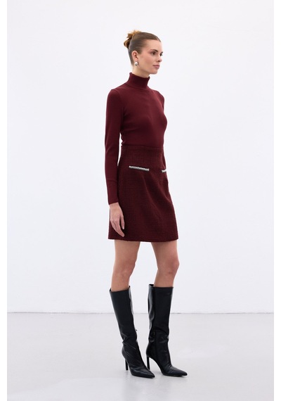Sateen Aksesuar Detaylı Tüvit Etek - Bordo-136344 Bordo