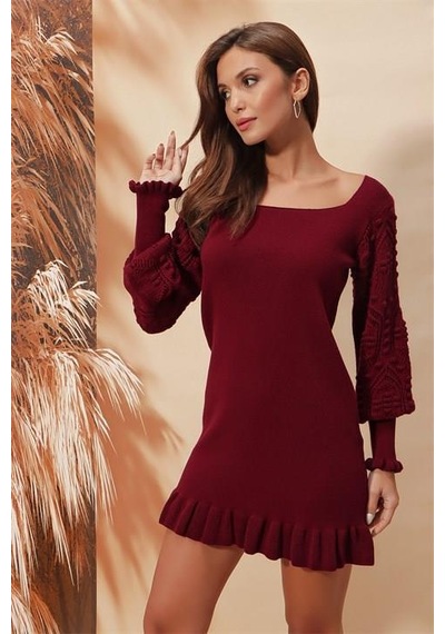 Aqe Fashion Kol Dantel Detaylı U Yaka Eteği Fırfırlı Bordo Elbise Bordo