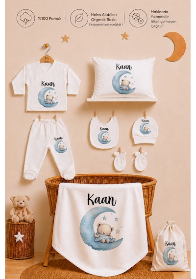 Pia Baby İsme Özel Erkek Bebek Hastane Çıkışı 12 Parça %100 Pamuk Organik Baskılı Kese Hediyeli Set 107111k0x Ekru