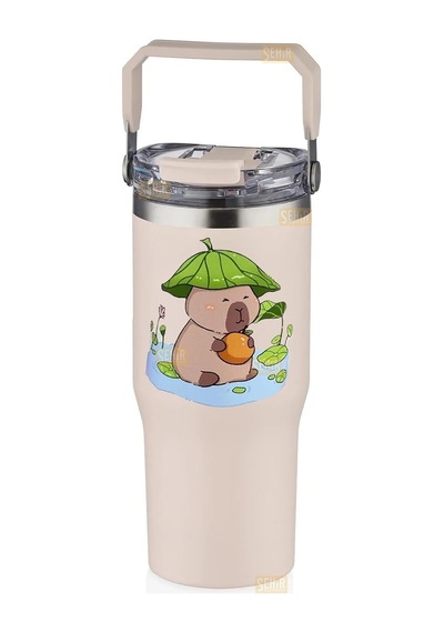 Diller 950ml Sevimli Kapibara Tumbler Pipetli/pipetsiz Kullanım Kulplu Paslanmaz Çelik Capybara Termos Açık Beyaz