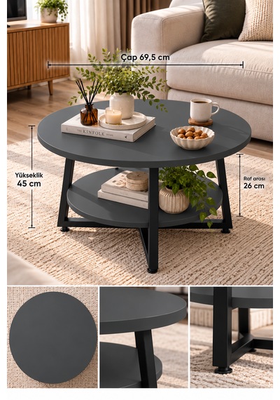 Yuvarlak Orta Sehpa 69,5 Cm İki Katlı Raflı Metal Ayaklı Modern Dekoratif Salon Sehpası Antrasit Yuvarlak Orta Sehpa 69,5 Cm İki Katlı Raflı Metal Ayaklı Modern Dekoratif Salon Sehpası Antrasit