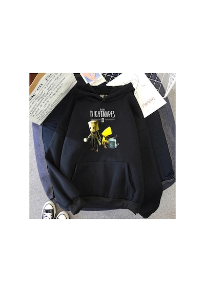 Tarzsokak Siyah Unisex Küçük Nightmares Hoodie Baskı Cep Streetwear Korku Macera Oyun