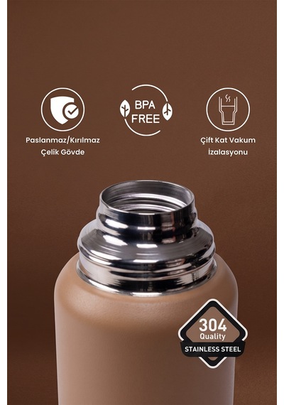 Porsima 2085-2 Çift Katmanlı Paslanmaz Çelik Termos Kulplu Termos Matara 1,5lt Kahve Kahverengi