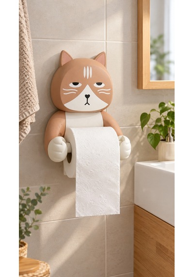 Huysuz Kedi Figürlü Tuvalet Kağıdı Tutucu Banyo Aksesuarı, Standı Model Çok Renkli