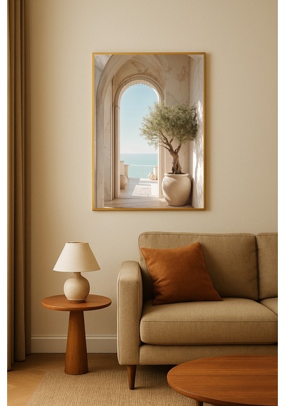 Belvedere - Gerçek Cama Baskı Gold Alüminyum Metal Çerçeveli Tekli Modern Cam Tablo