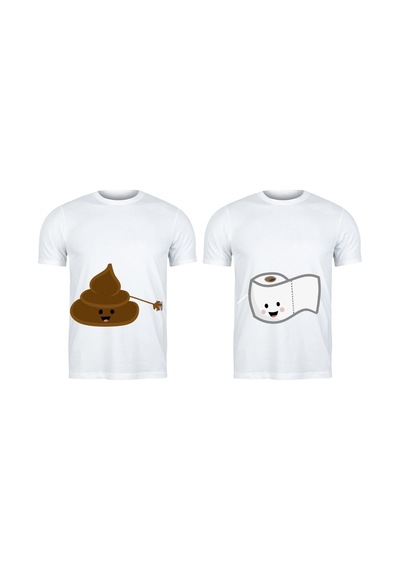 Sevimli Kaka Ve Tuvalet Kağıdı Tasarımlı Eş Tişörtleri - Komik Sevgili Tshirt Kombini Beyaz
