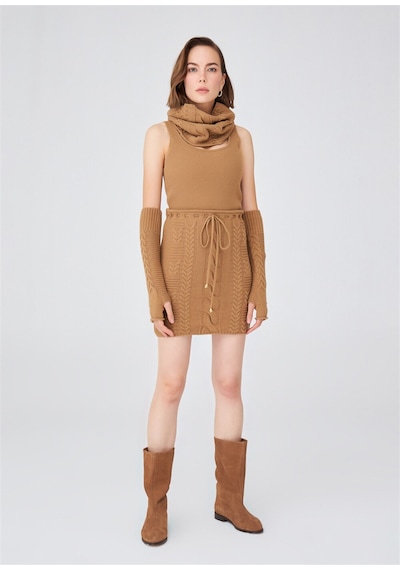 Peraluna Saç Örgü Desenli Uzun Kadın Triko Eldiven Camel Camel-Standart Camel