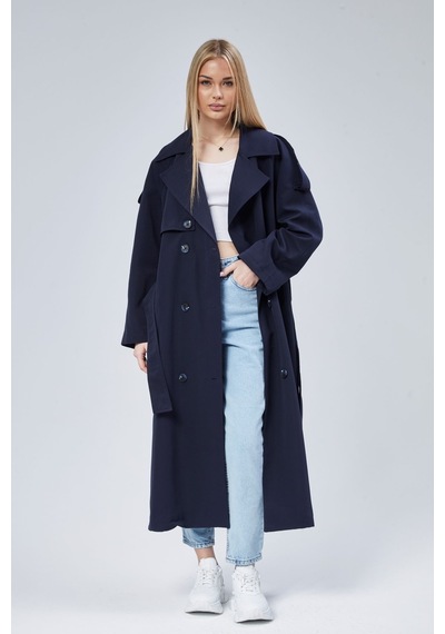 Kadın Oversize Astarlı Uzun Trençkot Lacivert