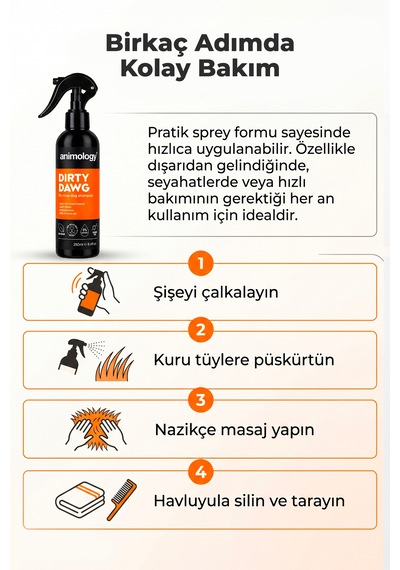 Animology Dirty Dawg Durulama Gerektirmeyen Sprey Köpek Şampuanı 250 Ml