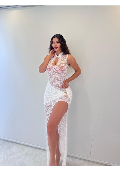 Pink Life Beyaz Dantel Toka Detaylı Maksi Elbise Beyaz