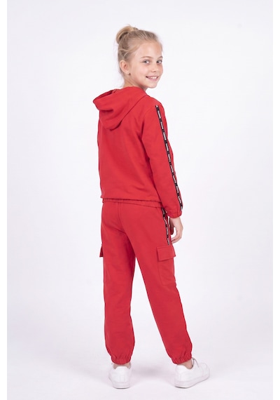 Panios Kids Kız Çocuk Kapüşonlu Şerit Detaylı Kargo Cepli Kapüşonlu Eşofman Takımı Kırmızı