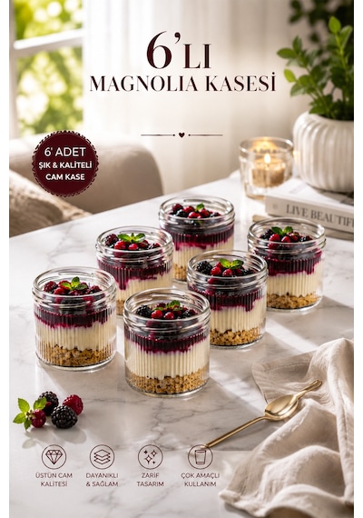 Porsima 4475 6'lı Magnolia Kasesi Cam Tatlı Ve Servis Kasesi Seti Şık, Dayanıklı Cam Kase 300ml
