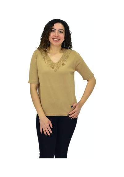 Kadın Yarım Kol V Yaka Yaka Sırt Detaylı Triko Tişöt 12837 Bgl-st04658 Camel