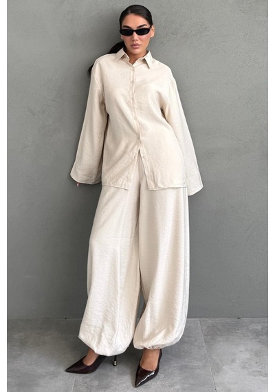 Madmext Bej Oversize Gömlek Balon Pantolon Kadın Takım Mg2779