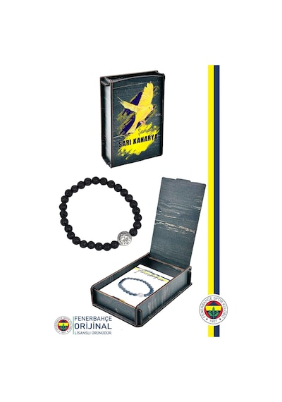 Fenerbahçe Lisanslı Fb Logo Lav Taşı Doğaltaş Bileklik Kanarya Baskılı Hediyelik Ahşap Kutulu