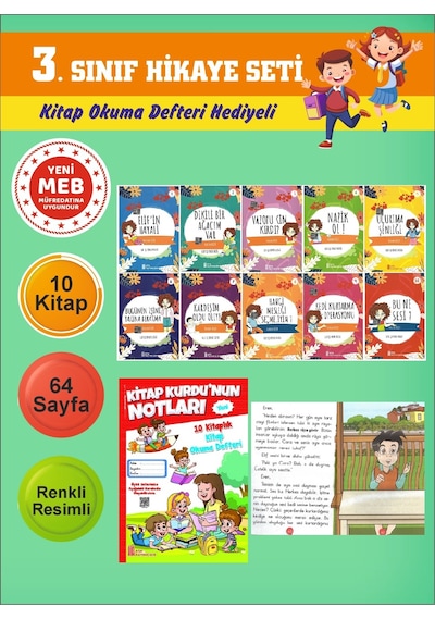 3.sınıflar İçin Okumayı Sevdiren 10 Lu Hikaye Seti 8 Kitap Okuma Defteri Hediyeli