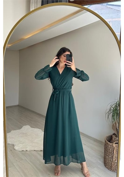 Neşeli Butik Kadın Uzun Kollu Kuşaklı Maxi Şifon Elbise Nm001 Yeşil