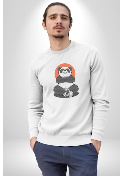 Yoga Panda Unisex Beyaz Baskılı Sweatshirt Beyaz