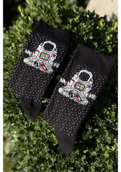 Lousocks Unisex Astronot Desenli Siyah Soket Çorap