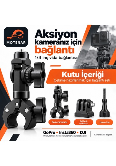 Motenar Aksiyon Kamera Tutucu 360 Ayarlanabilir Djı-insta360-gopro Aksiyon Kamera Uyumlu Siyah