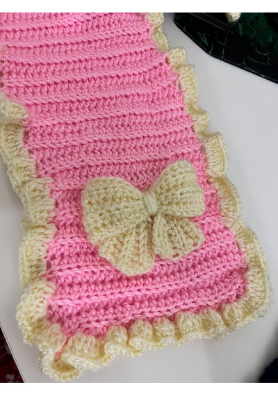 El Örgüsü Pinterest Model Fırfırlı Fiyonklu Kadın Atkı Eldiven Seti Pembe