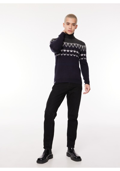 Fred Mello Erkek Lacivert Balıkçı Yaka Slim Fit Kazak Fm23w62md