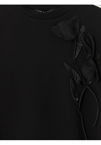 Lcw Modest Siyah Soft Touch Gül Aplikeli Kadın Sweatshirt Tunik
