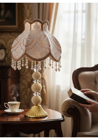 Koyu Gold Kadife Fransız Dantel Başlık İncili Gold Metal Ayaklı Klasik Abajur 50x25cm