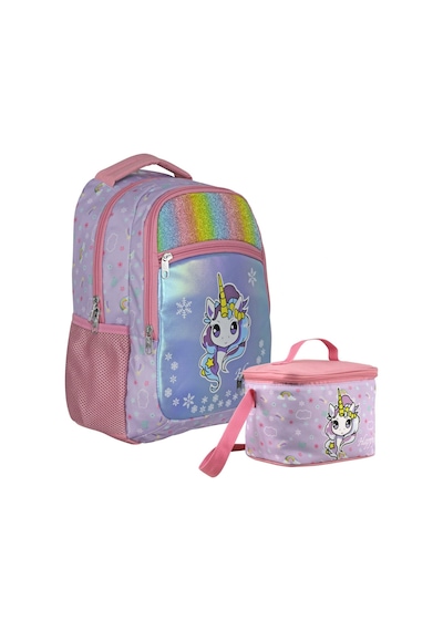 Cennec Gökkuşağı Unicorn Desenli Kız Çocuk Turkuaz Pembe İkili Çanta Ve Beslenme Seti - Setumt5015b Turkuaz - Pembe