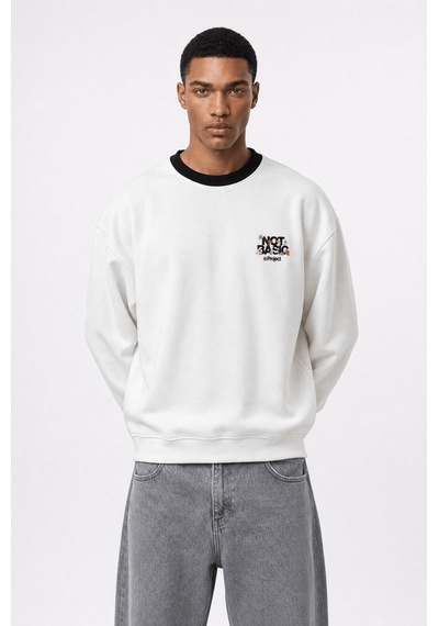 Respire Erkek Not Basic Project Baskılı Oversize Sweatshirt Ekru