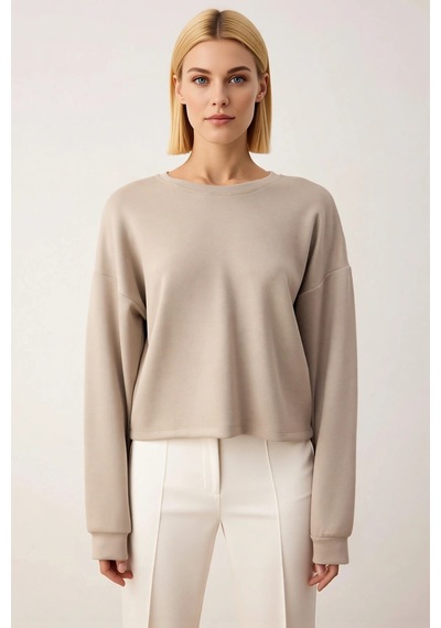 Benerly Kadın Bisiklet Yaka Standart Kol Crop Örme Sweatshirt Fonksiyonel Vizon
