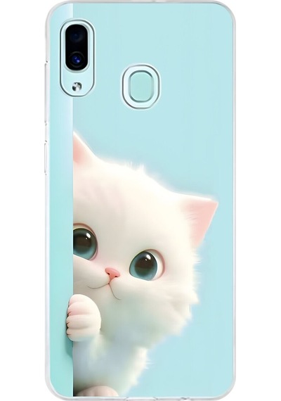 Samsung Galaxy A30 Uyumlu Şeffaf Kılıf 2 Peluş Kedi Tasarımlı