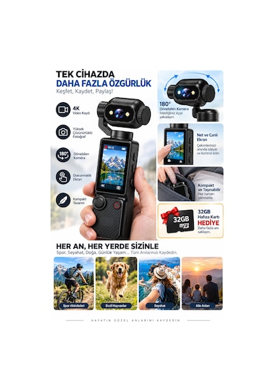 4k Ultra Hd Aksiyon Kamerası 180 Dönen Lens Spor Seyahat Vlog Ve Günlük Kullanım Kamerası Siyah