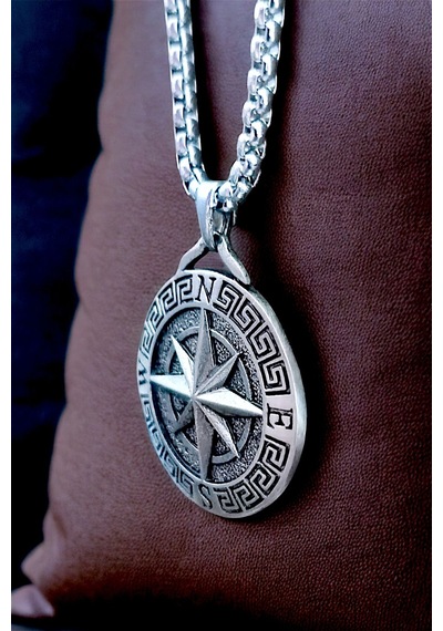 Ak Store Silver Gümüş Kaplama Krom-Çelik Erkek Kolye Madalyon Pusula Gümüş