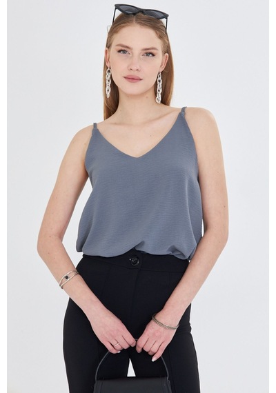 Armonika Kadın Gri Keten Görünümlü Askılı Bluz Arm-24y001064