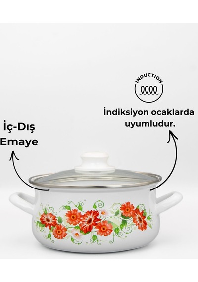 16cm Çiçek Desenli Tekli Cam Kapaklı Emaye Güveç Tencere Beyaz