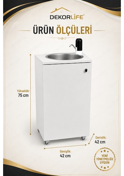 Yeni Yönetmeliğe Uygun Seyyar Mobil Lavabo Paslanmaz Evyeli 10 L Çift Hazneli Şarjlı Musluklu Tekerlekli Lavabo Beyaz