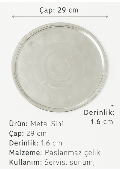 Çay Kahve Servisi İçin 29 Cm 430 Kalite Paslanmaz Çelik Yuvarlak Tepsi Metalik Gri