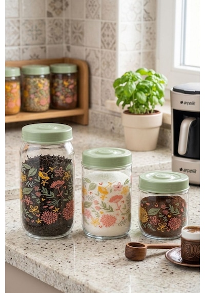 3 Lü Desenli Cam Baharatlık Seti, Kapaklı Çay Şeker Kahve Baharat Saklama Kabı 1000+660+425ml Şeffaf